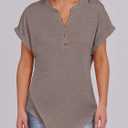 ANRABESS Womens Short Sleeve Henley Tops V Neck Dressy Casual Blouses Summer Trendy Tee Shirts 2026 Vacation Fashion Clothes (Brown, XXL)