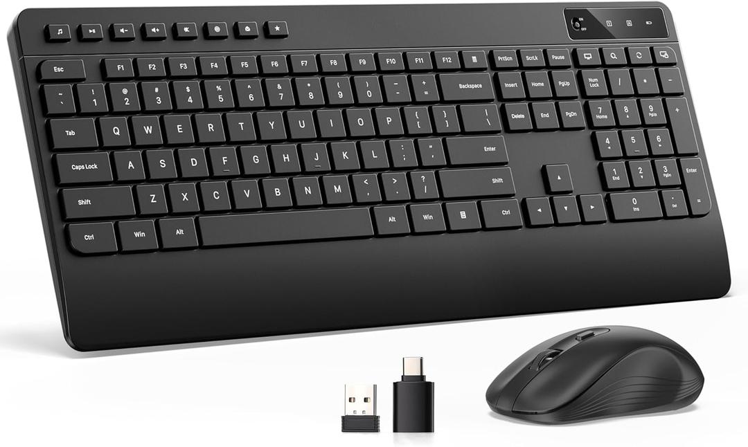 Quiet Wireless Keyboard and Mouse Combo 3-Level DPI Silent Mouse, Full-Size Ergonomic Wrist Rest, 2.4GHz Plug-and-Play, Multimedia Hotkeys for Windows Computer/Laptop, Black