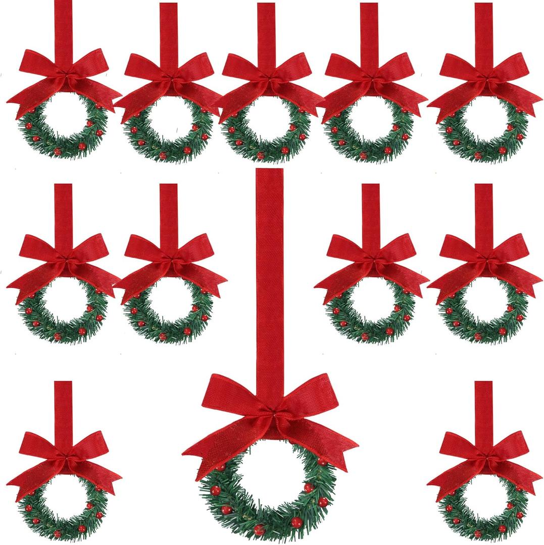 Sggvecsy 12 Pcs 8" Christmas Mini Cabinet Wreaths with Ribbon Bows Red Berry Artificial Small Kitchen Wreath for Window Front Door Farmhouse Wall Xmas Decorations(Red Burlap)
