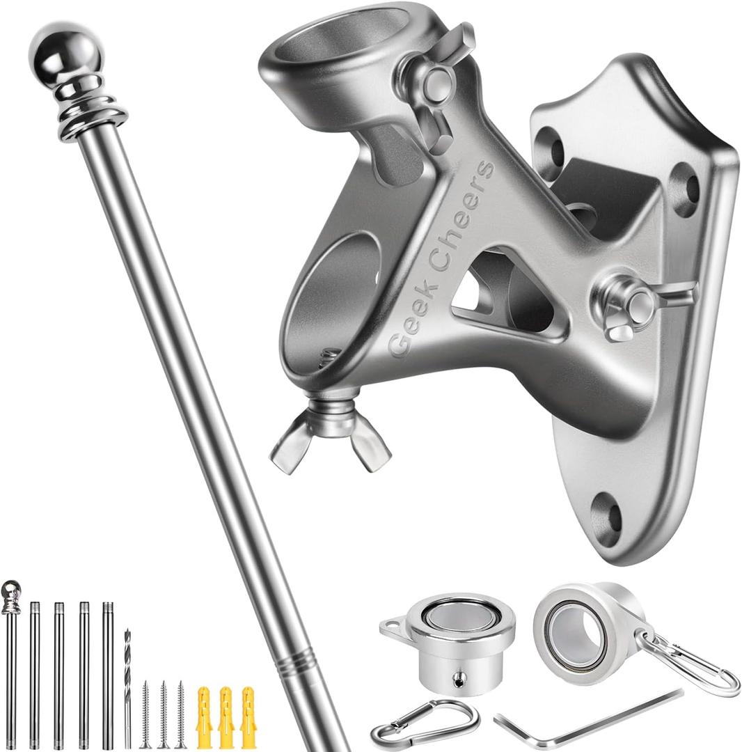 T304 Stainless Steel Heavy Duty Flag Pole Kit, 2 Positions for 1" Flag Poles Wall Mount House & Estate Flagpole Holder, Aluminum Alloy Flagpole Rings, Rust Free Flag Pole for House Yard (6FT Flagpole with Bracket  Silver)