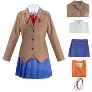Juejuezi Doki Doki Monika Outfit Yuri Uniform Dress Sayori Cosplay Costume Women Pleated Skirt Shirt Set Halloween (X-Small, Brown)