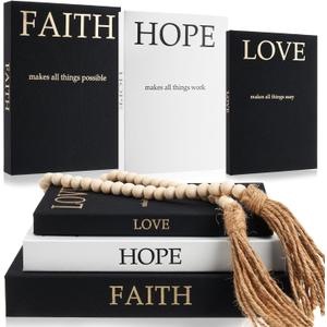 Faccito Set of 3 Linen Decorative Books with Wooden Beaded Garland Tassel Elegant Aesthetic Fake Books for Coffee Table Shelf Mantel Storage Boxes for Modern Home Decor (Black)