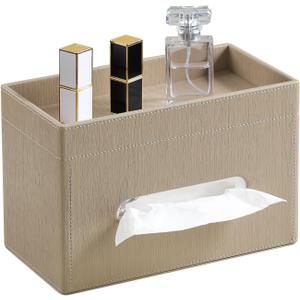 Plus Size Tissue Box Cover Rectangle, PU Leather Tissue Box Holder with Storage Tray, Decorative Organizer Tissue Holder for Bathroom, Bedroom Dresser, Night Stand, Office (Wooden Color)