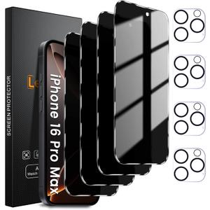 4+4 Pack Privacy Screen Protector for iPhone 16 Pro Max 6.9-Inch with 4 Pack Camera Lens Protector, Anti Spy Tempered Glass Film 9H Hardness Case Friendly