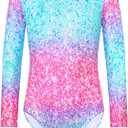 Gymnastics Leotard for Girls Long Sleeve Tumbling Outfit Sparkly Athletic Dance Bodysuit Size 2-12 Years Old (3-4T, Green Pink)