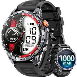 Military Smart Watches for Men,1.75 Smartwatch with 100-Day Ultra-Long Battery/Flashlight,Fitness Watch for Heart Rate/Sleep/Calling/110+ Sports Mode Smart Watch for Android iOS 1000 mAh (Black)