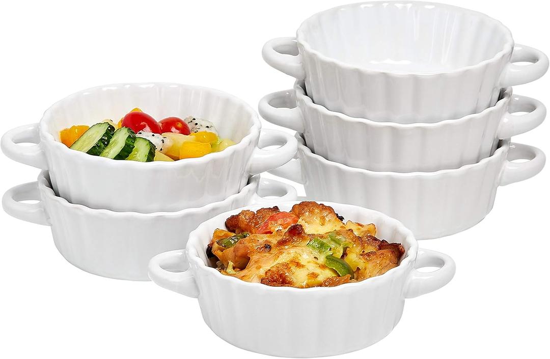 Bruntmor Ceramic Soup Bowls with Double Handles, 10 Oz Stacked Bowls for French Onion Soup, Cereal, Pot Pies, Stew, Chill, Pasta, Set of 6,Black with White Interior