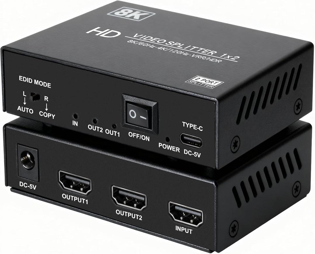 8K HDMI Splitter 1 in 2 Out 4k@120Hz 1x2 hdmi 2.1 Splitter for Dual Monitors (Not Extend) Support 8k@60Hz,4:4:4,48 Gbps,EDID,Auto Down Scaler, HDCP 2.3, VRR, HDR10+ for PS5Laptop,HDTV,Projector