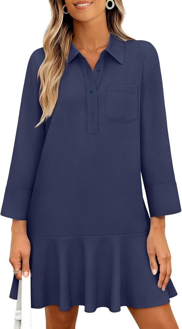 MEROKEETY Women's 2025 Fall 3/4 Sleeve Shirt Dress Casual Button Down Shift Pleated Midi Dresses with Pockets (L)
