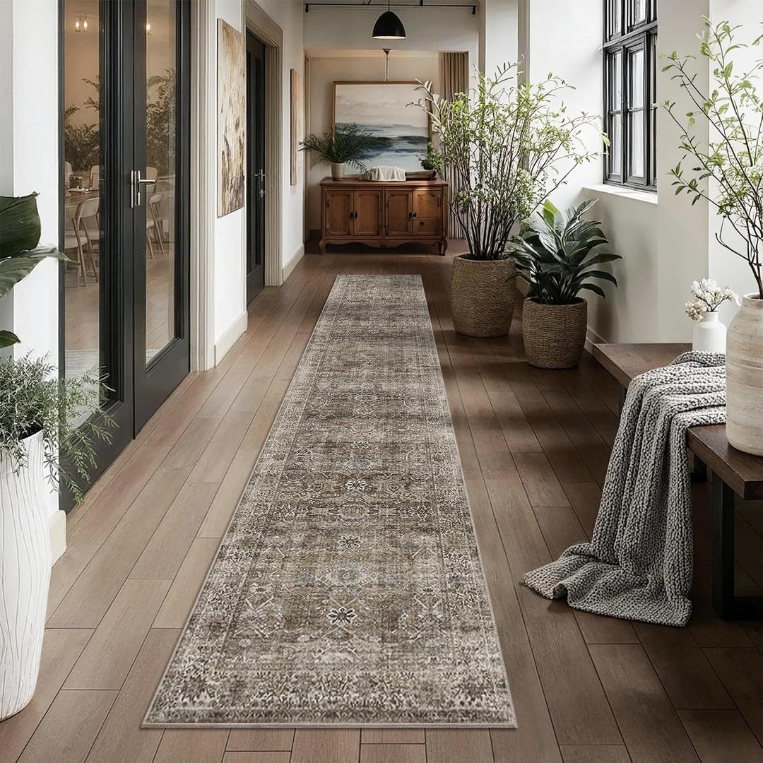 2x10 Brown Grey Vintage Washable Runner Rugs for Hallway Kitchen Boho Hallway Carpet Low Pile Non-Slip Retro Distressed Accent Throw Rug for Entryway Bathroom Bedroom