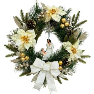 22 Inch Pre-Lit Artificial Christmas Wreath with White Artificial Poinsettia Flowers Jesus Figurine Nativity Scene Glitter Ball Ornaments PineCones Berries for Christmas Decor Front Door
