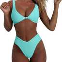 geluboao Bikini Set for Women Solid V Neck Knot Front Push Up High Leg Thong Two Piece Swimsuit (Medium, Light Green)