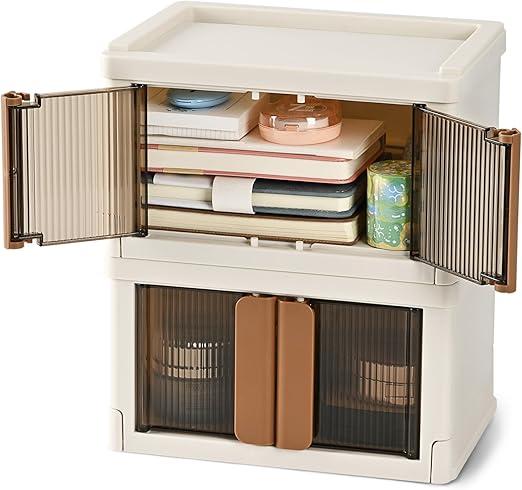 TRZZ Mini Plastic Storage Crate, Desk Organizer with Lid, Foldable Cute Boxes with Door, Stackable Home Organization and Storage Crate for Office, Kitchen, Bedroom, Bathroom, 2 Pack (8.6"x6.1"x5.1")