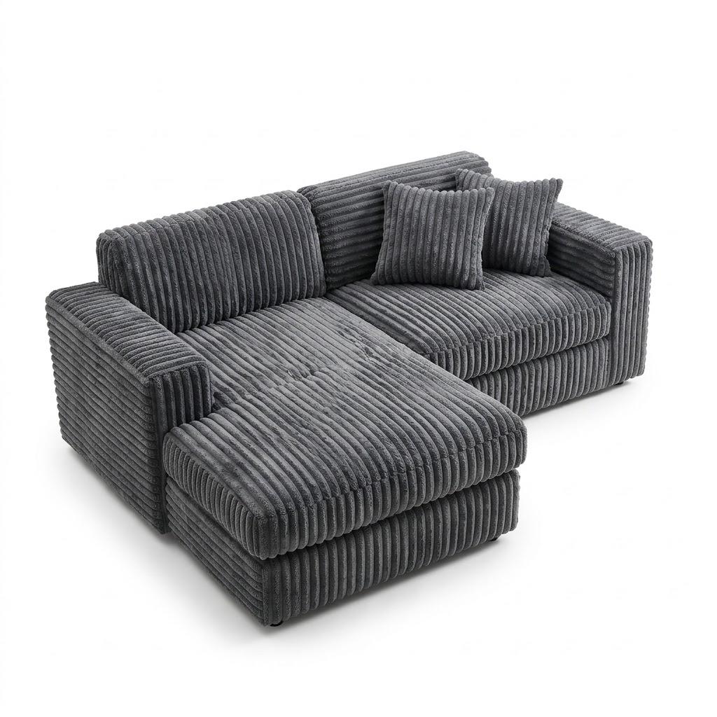 Modern Corduroy Modular L-Shaped Sectional Sofa with Chaise – High-Density Memory Foam Boneless Couch with 2 Throw Pillows for Living Room, Small Spaces, & Apartments (Dark Grey), 83.5" W × 39.0" D × 28.0, 2seater