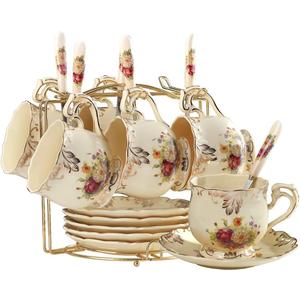 YOLIFE Flowering Shrubs Tea Cups and Saucers Set of 6, Ivory Ceramic Floral Tea Cups Set with Golden Rack, Coffee Cups, 8 oz
