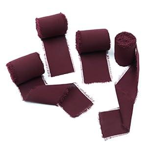 4 Rolls Burgundy Handmade Fringe Chiffon Silk Ribbon 2" W x 5Yd Per Roll, Frayed Edges Ribbon Set for Gifts Wrapping, Wedding Invitations, Bouquets, DIY Crafts (2" x20Yd, Burgundy)