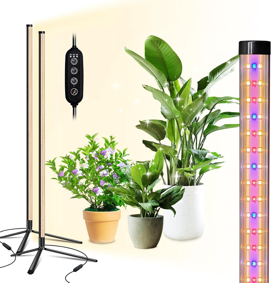 Standing Grow Light, 42W Full Spectrum Vertical, 4FT Timer, 2 Pack | 243 LEDs with 3 Spectrums, 3/6/9H Auto Timer, 120 Coverage for Tall Houseplants, Tripod with Hanging & Wall Mount Kit