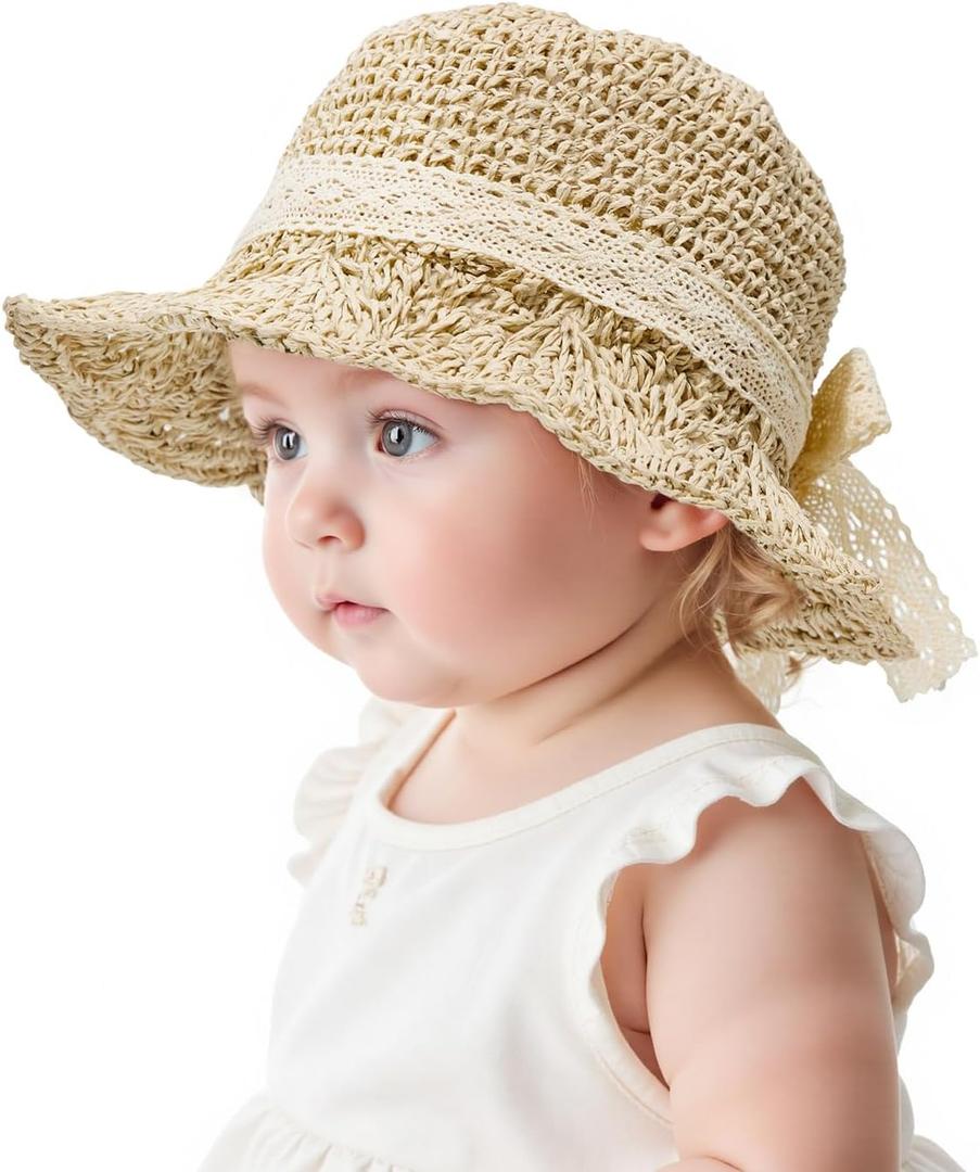 Century Star Baby Girls Straw Sun Hats for Infant Kids Summer Beach Hat for Toddler with Bow (A02 Beige)