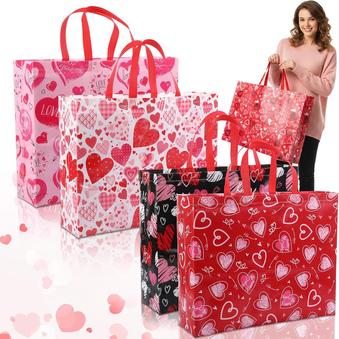 Pasimy 5 Pcs Valentine's Day Extra Large Gift Bags 20 x 16 Inch Jumbo Non Woven Wrap Tote Bags with Handle for Goodies Presents Reusable Holiday Valentines Birthday Party Favors Supplies for Women Men