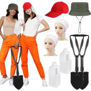 Lasnten 8 Pcs Halloween Couple Costume for Adults Prisoner Costume Accessories Include Shovel Hat Kettle Square Towel for Comedy Movie Cosplay Party Dress up