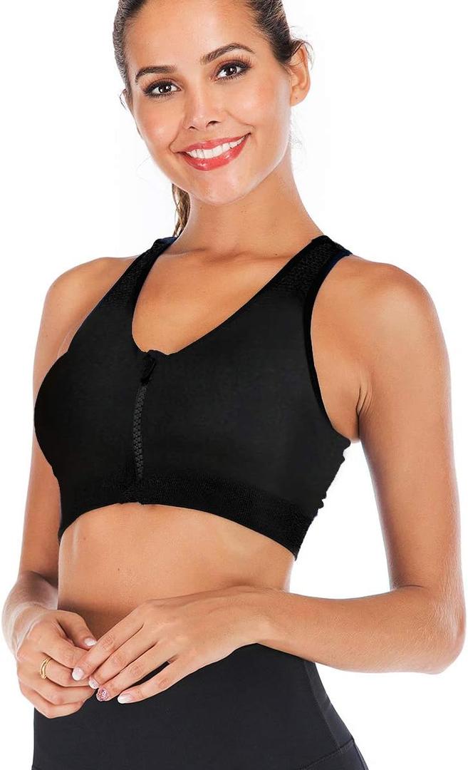 FLORATA Women's Zip Front Sports Bra Seamless Wirefree Post Surgery Bra Padded Sports Bras Yoga Bra with Removable Cups (Large, Black)