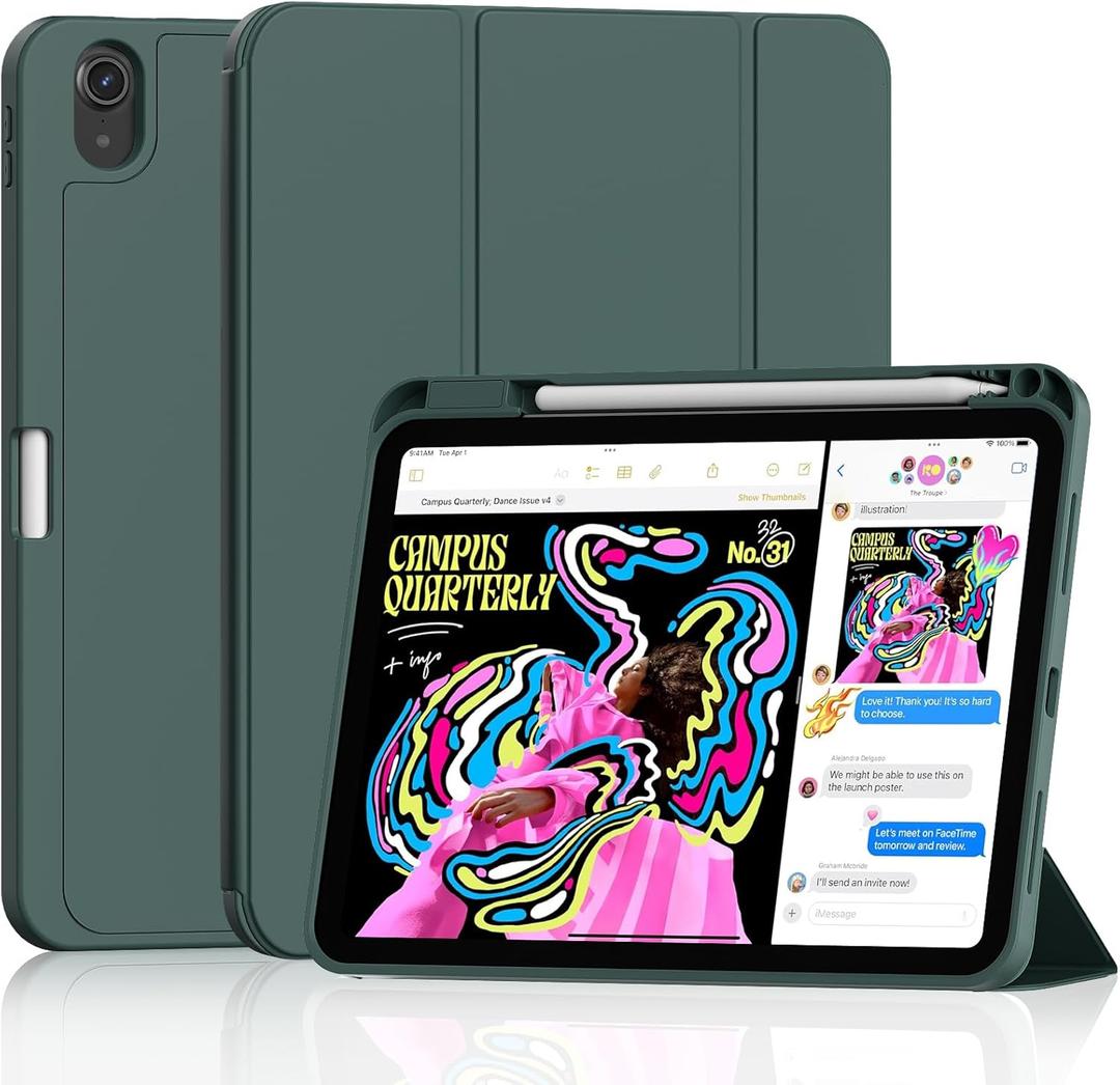 DJ&RPPQ Case for iPad (A16) 11th Generation 11-inch 2025, iPad 10th Generation 10.9-inch 2022, with Pencil Holder-[Auto Wake/Sleep] Slim Folding Stand Cover with Soft TPU Back Cover - Dark Green