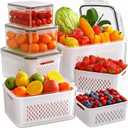 6 PCS Fruit Storage Containers for Fridge with Removable Colanders, 6 Plastic Food Storage Containers with 6 Lids, Leakproof Produce Containers Keep Fruits, Vegetables, Berry, Meat Fresh Longer