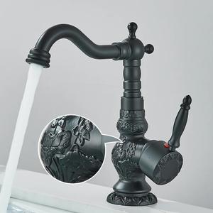 Antique Brass Bathroom Basin Carved Faucet Long Nose Spout Wash Sink Tap 360 Rotation Single Handle Tap Short-Brush Nickel, Short matte Black