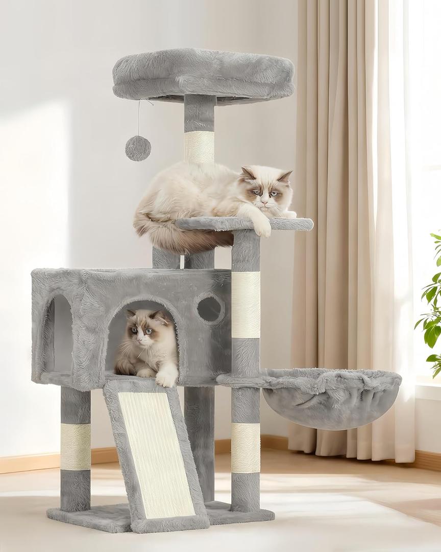 Cat Tree, 41.3" Cat Tower for Indoor Kittens with Scratching Board and Posts, Multi-Level Cozy Cat Condo with 2 Perches, Hammock, Balls, Light Gray GCT005SW