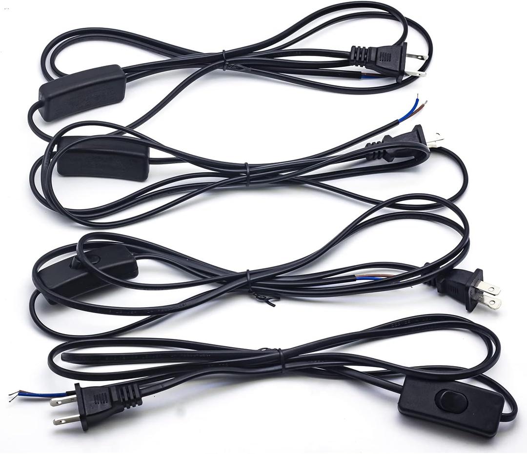 Lamp Cord with Switch Plug, Extension Cords 6 Foot Wiring Stripped Ends Ready for Light Project and Repair Lights Cable-4Pack Black