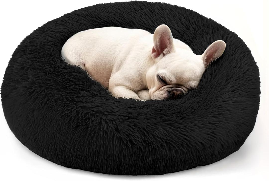 Hoewina Dog & Cat Bed, 20in Cat Beds for Indoor Cats, Calming Donut Bed for Puppy and Kitten, Washable Round Fluffy Pet Bed for Small Medium Dogs and Cats (Black)