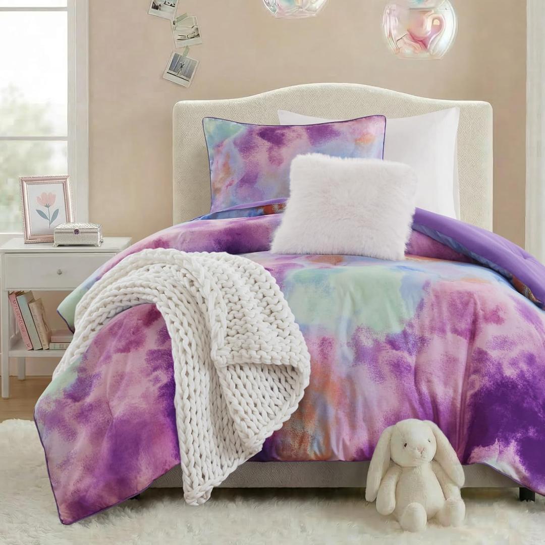 Intelligent Design Twin Comforter Set, Watercolor Twin Bedding Sets, Tie Dye Comforter Set for Teen Girl & Boys, 3 Pieces Cassiopeia Comforter, Sham, Throw Pillow Twin/Twin XL Lavender