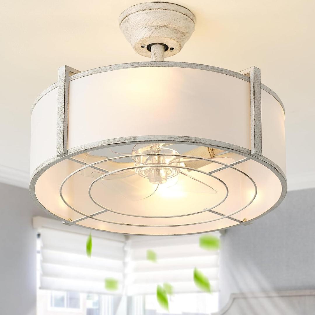 SYDACG 20" Caged Ceiling Fan with Lights, White Fandelier Chandelier Fan with Remote Control, 6 Speeds for Bedroom, Nursery, Living Room