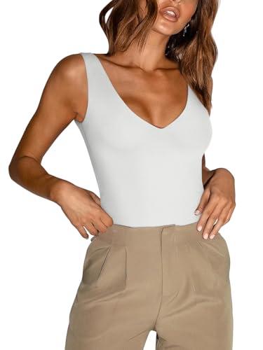 REORIA Women's Summer Sexy Plunge Deep V Neck Sleeveless Double Lined One Piece Tank Tops Thong Bodysuits Leotards for Going Out White Medium.M