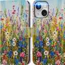 DEENAKIN for iPhone 16 Wallet Case with Card Holder + Cash Clip, RFID-Blocking, Military-Grade Drop Protection & UV-Printed Artwork, Magnetic Closure with Leather Kickstand - Wildflowers Painting