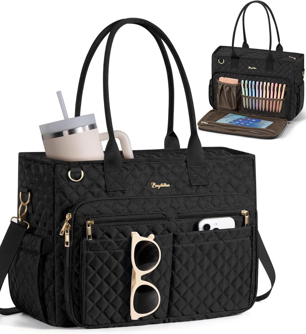 Bagstellar Teacher Bags for Women, 15.6 inch Laptop Work Tote Bag Quilted Nurse Bible Computer Shoulder Bag for School Travel | Dream Tote Work Bag, with 40oz Cup Holder, Insulated Pocket, Zipper & Strap, Office Briefcase, Ideal Gift for Women (Black)