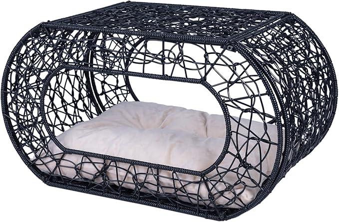 Wicker Cat Bed Condo for Indoor Outdoor, Rattan Cat Bed Cave with Soft Cushion for Indoor Cats Kitty, Pet Cat Basket Beds Cat Bed Enclosed with Rattan Interactive Hanging Ball Toy, Black