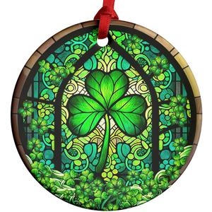 Irish St. Patrick's Day Ceramic Ornament with Faux Stained Glass Effect, Lucky Leprechaun Keepsake, Hanging Irish Blessing Gift for Family & Friends