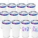 20 oz Tumbler Bulk 12 Pack Stainless Steel Tumblers with Lids and Straws, Double Wall Vacuum Insulated Travel Coffee Mug for Laser Engrave, Powder Coated Cups for Hot and Cold Drinks (White,12 pack) (White - Blue&Purple Plated)