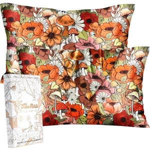 Silk Pillowcase 2 Pack - Cute Pillow Cases 20" x 26" Standard Size Set of 2 for Hair and Skin Smooth Soft Breathable with Hidden Zipper Cooling Pillow Covers for Sleeping, Mushroom Bushes