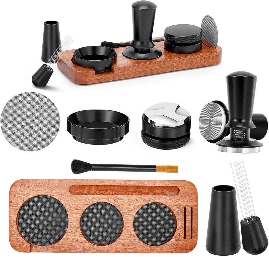 51mm Espresso Accessories Kit, 7pcs Espresso Machine Accessories Kit Espresso Tamper with Coffee Distributor, WDT Tool, Dosing Funnel, Puck Screen, Grinder Brush, Tamping Station