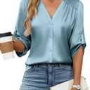 Blooming Jelly Womens Button Down Shirts 3/4 Sleeve Dressy Casual Tops Pleated Satin Silk Business Blouses 2025 (Large, Turquoise)