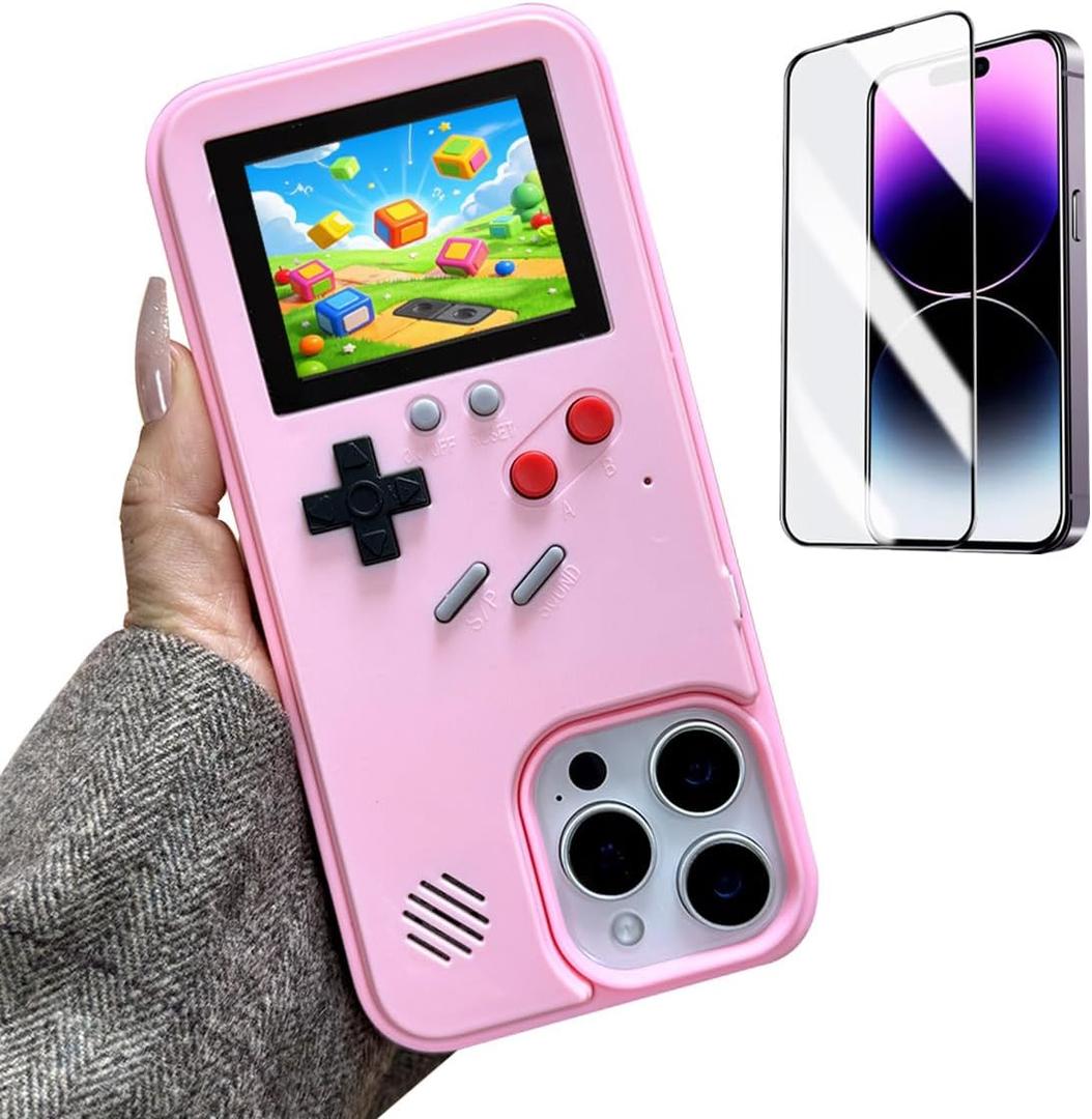 Game Phone Case for iPhone 14 Pro Retro Video Game Cover Funny Playable Design, Shockproof Protective Gamer Case for iPhone, Classic Creative Birthday Gifts, Pink