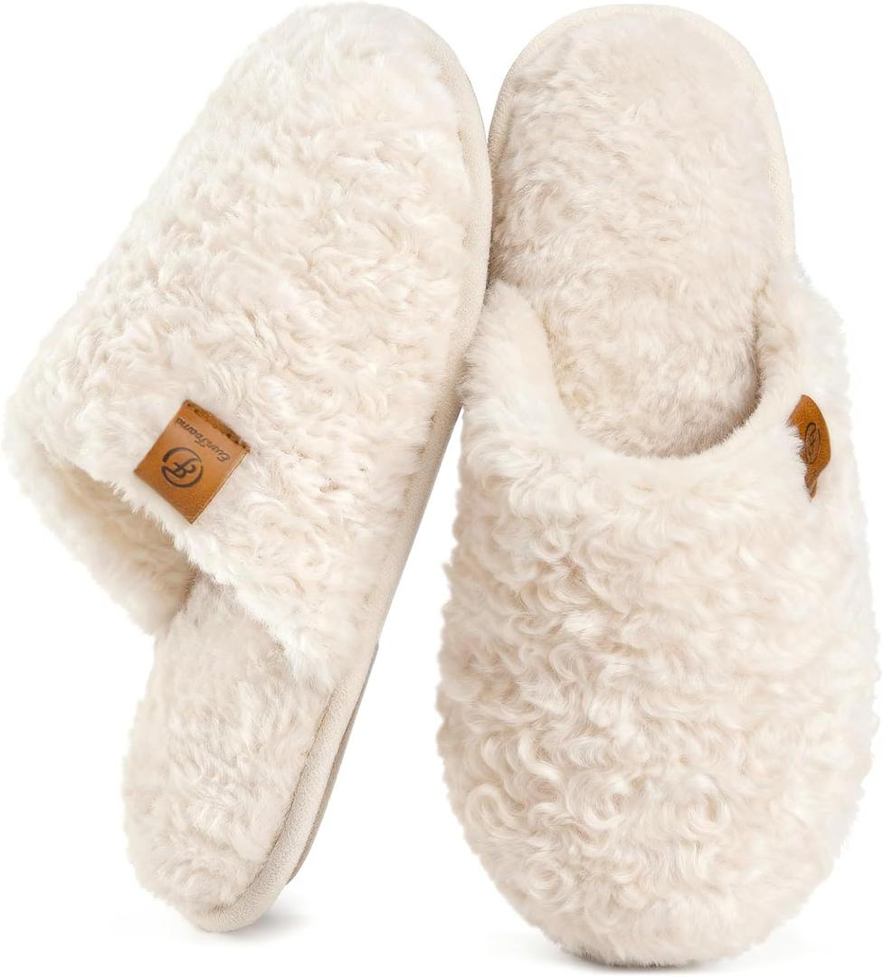 EverFoams Women's Fuzzy Slip-on Slippers Warm Cozy Soft Lightweight Memory Foam Indoor House Shoes (9-10, Cream White)