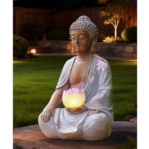 Nacome Solar Buddha Garden Statue Decor: Resin Zen Decor Waterproof Sitting Figurine with Lotus Flower Light Design for Outside Patio Lawn Yard Balcony - 8.3 inches (White)