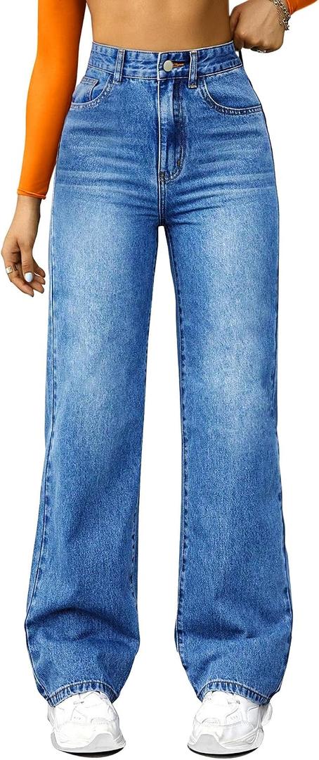 FUNUCA Straight Leg Jeans for Women,High Waisted Wide Leg Loose Microelastic Boyfriend Denim Pants (Blue, 8 Regular)