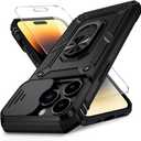 Vinve for iPhone 14 Pro Max Case with Slide Lens Cover HD Screen Protector, Military Grade Drop Protection, Magnetic Rotated Ring Holder Kickstand Protective Phone Case (Black)
