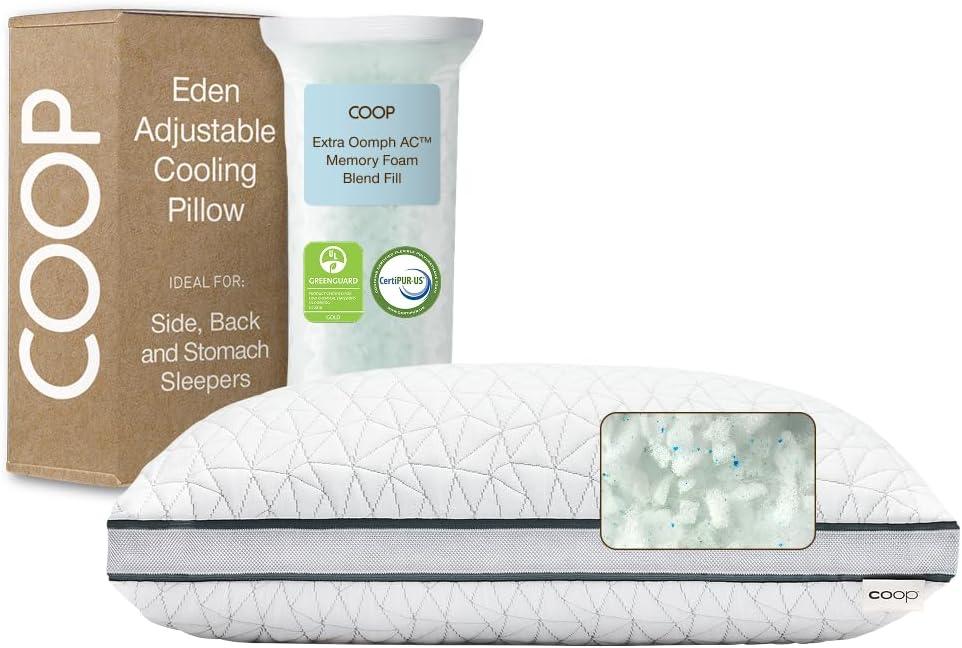 Coop Home Goods Eden Bed Pillow Queen Size for Sleeping on Back, Stomach and Side Sleeper- Medium Soft Memory Foam Cooling Gel - CertiPUR-US/GREENGUARD Gold