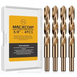 5/8" (4pcs) Cobalt Drill Bit Set, M35 High Speed Steel Jobber Length Drill Bit Kit for Hardened Metal, Stainless Steel, Cast Iron, Wood and Plastic, with Index Storage Case