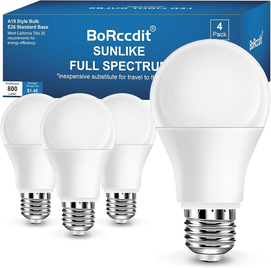 Full Spectrum 6000K Natural Sunlight Bulbs, 9W Equivalent to 60W, Cool White Light, A19, E26/E27 Base (Pack of 4) Full Spectrum 6000K Natural Sunlight Bulbs, 9W Equivalent to 60W, Cool White Light, A19, E26/E27 Base (Pack of 4)